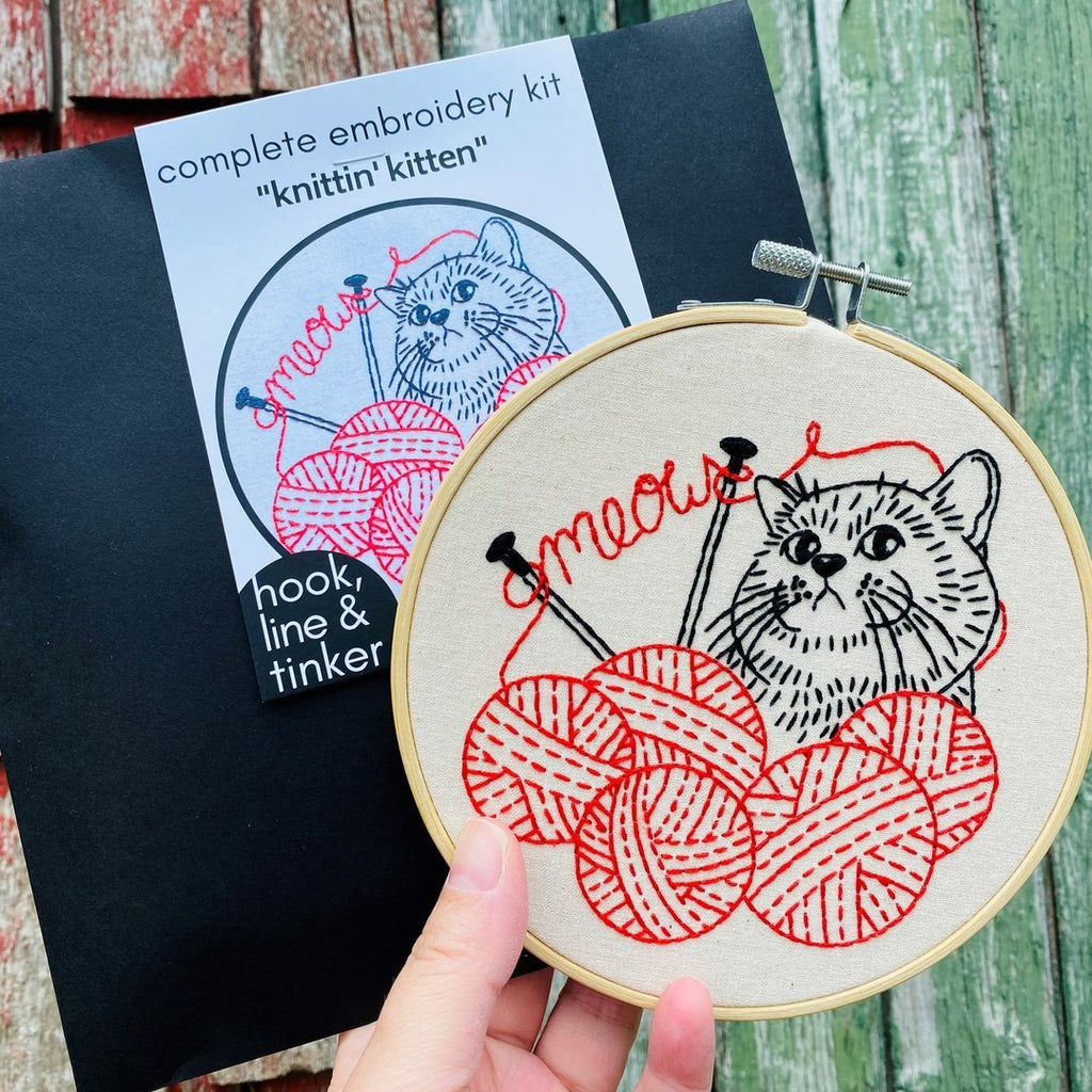 Knittin' Kitten Embroidery Kit - Hook, Line & Tinker - The Eternal Maker - UK Fabric Shop