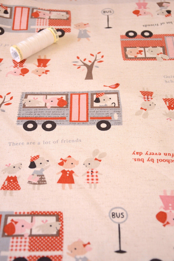 Kokka Fabric Animal School Bus - Red Pink - Trefle by Kokka