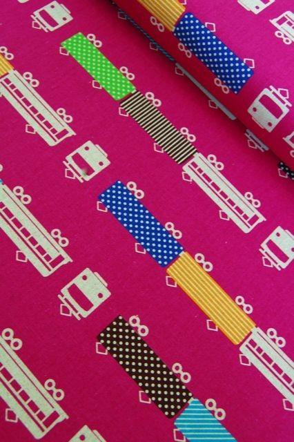 Kokka Fabric Pink Trains - Echino fabric by Etsuko Furuya