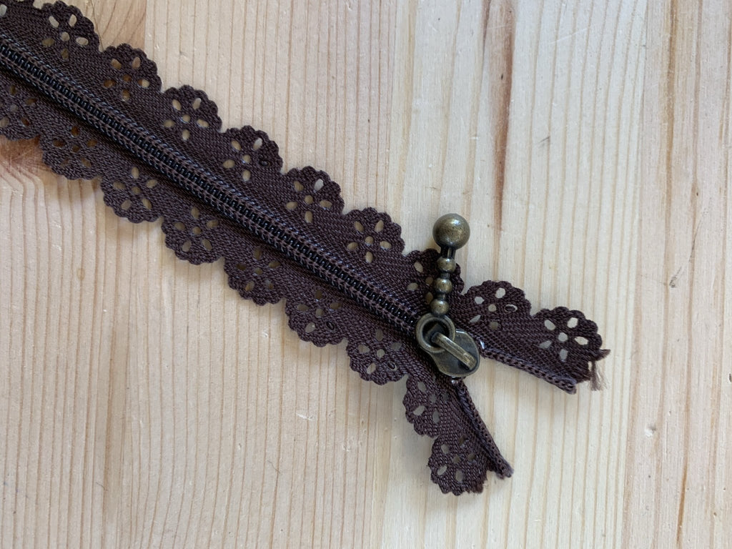Lace Edge Zip - Chocolate - 15cm - The Eternal Maker - UK Fabric Shop