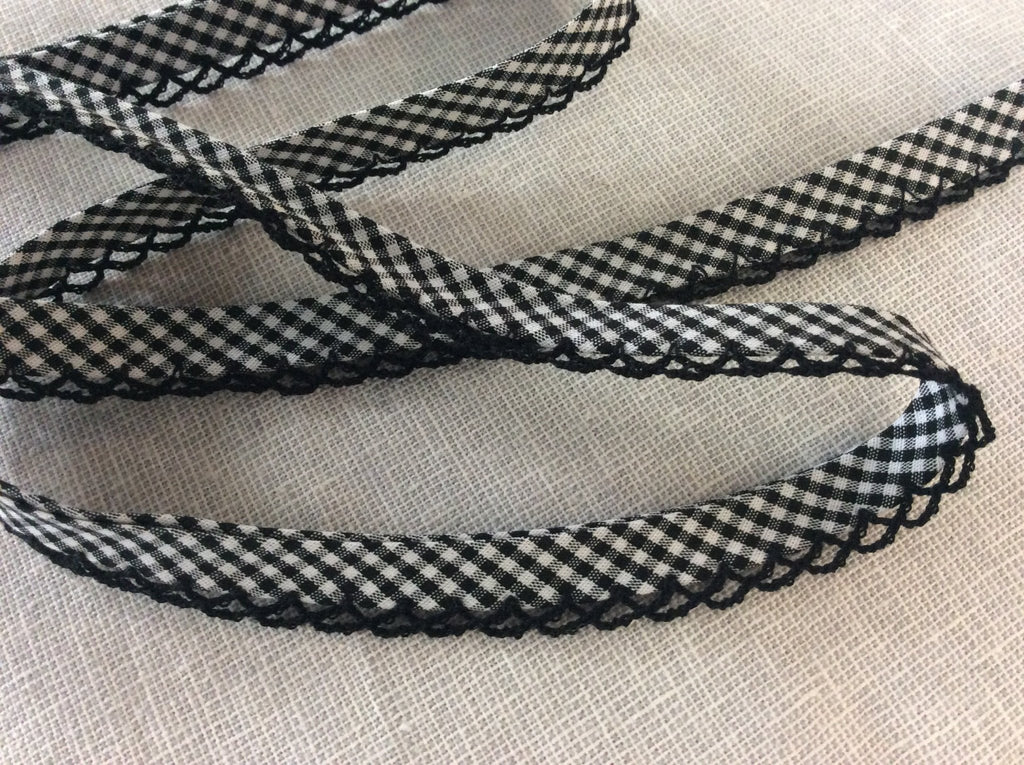 Lace Edged Gingham Bias Binding 20mm - Black and White - The Eternal Maker - UK Fabric Shop