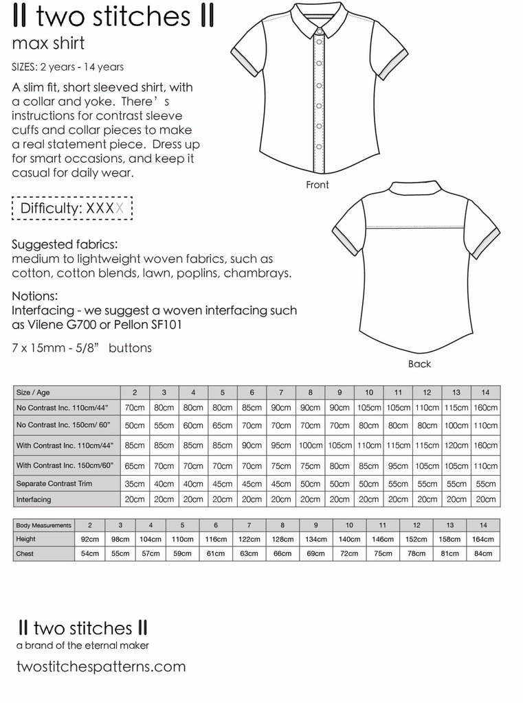 Max Shirt - Two Stitches Patterns - Paper or Digital Pattern - The Eternal Maker - UK Fabric Shop