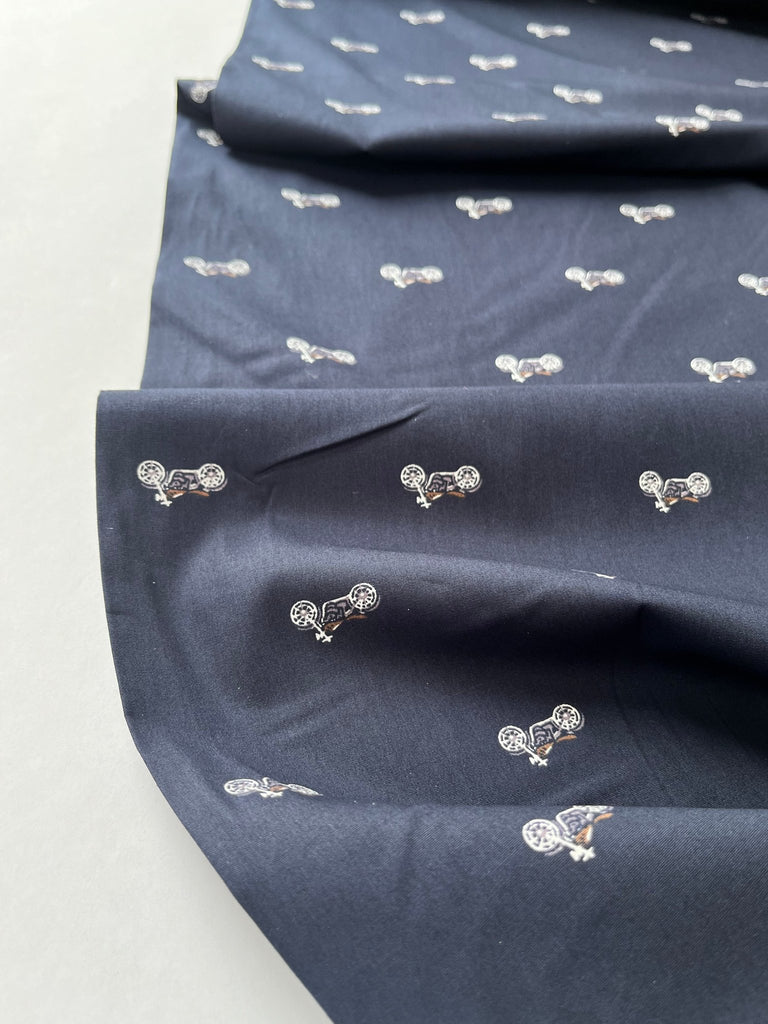Motorbikes on Navy - Cotton Poplin - The Eternal Maker - UK Fabric Shop