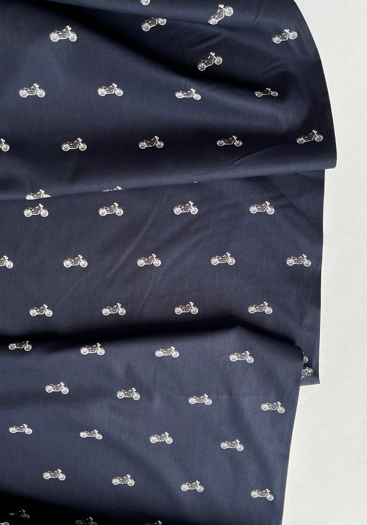 Motorbikes on Navy - Cotton Poplin - The Eternal Maker - UK Fabric Shop