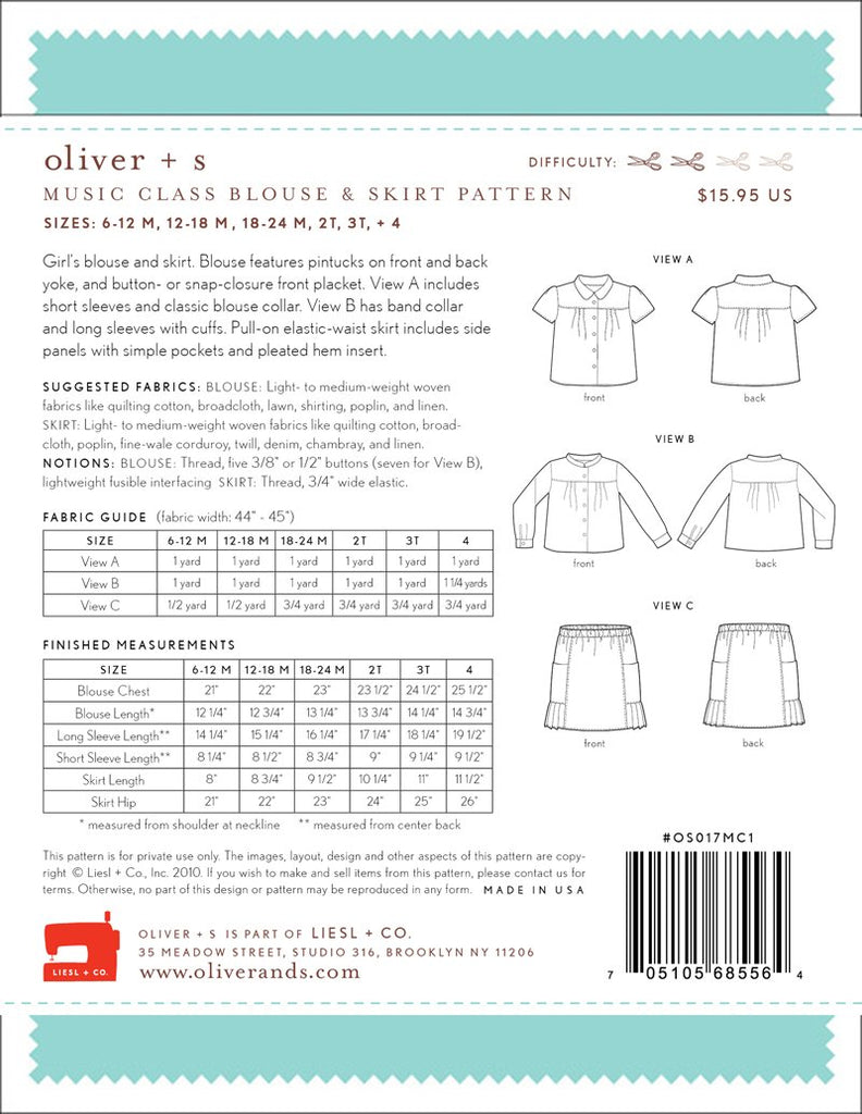 Music Class Blouse and Skirt Sewing Pattern - Oliver + S - The Eternal Maker - UK Fabric Shop