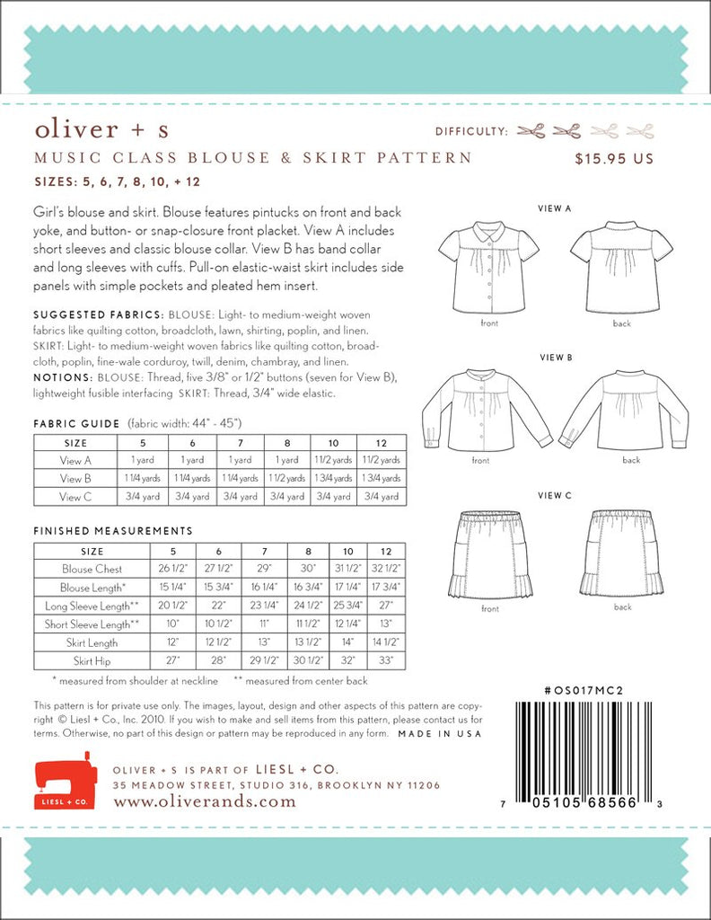 Music Class Blouse and Skirt Sewing Pattern - Oliver + S - The Eternal Maker - UK Fabric Shop