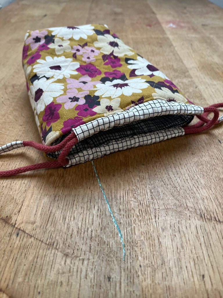 Mustard Retro Flowers - Quilted Drawstring Bag - The Eternal Maker - UK Fabric Shop