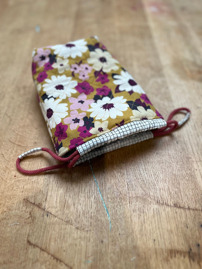 Mustard Retro Flowers - Quilted Drawstring Bag - The Eternal Maker - UK Fabric Shop