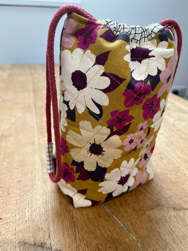 Mustard Retro Flowers - Quilted Drawstring Bag - The Eternal Maker - UK Fabric Shop