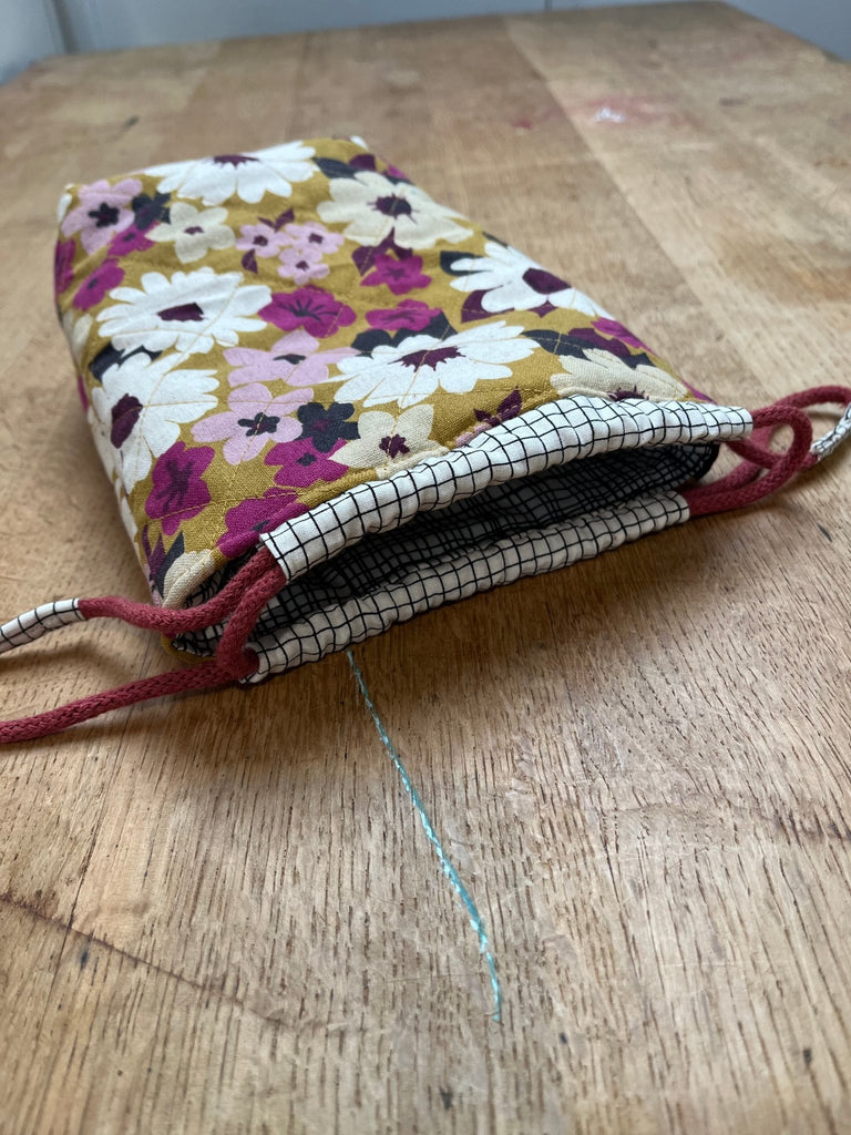 Mustard Retro Flowers - Quilted Drawstring Bag - The Eternal Maker - UK Fabric Shop