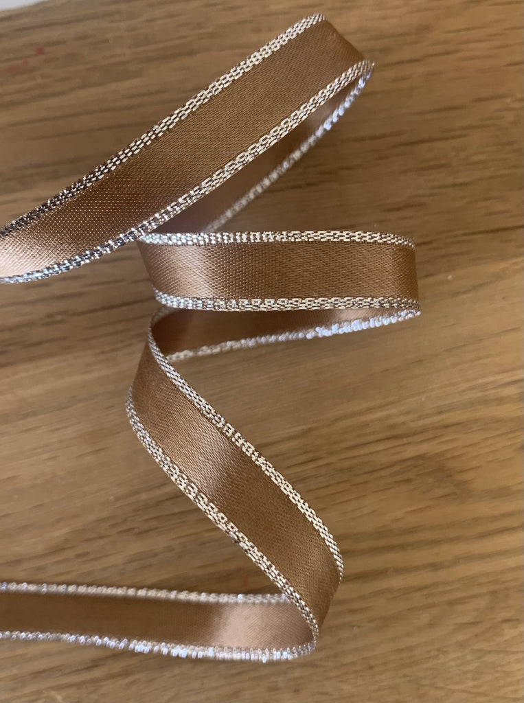 Offray Ribbon and Trims Silver Edged Satin Ribbon - Taupe - 9mm