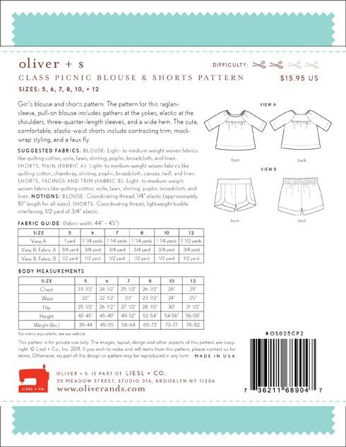 Oliver + S Dress Patterns Class Picnic Blouse + Shorts Sewing Pattern - Oliver + S