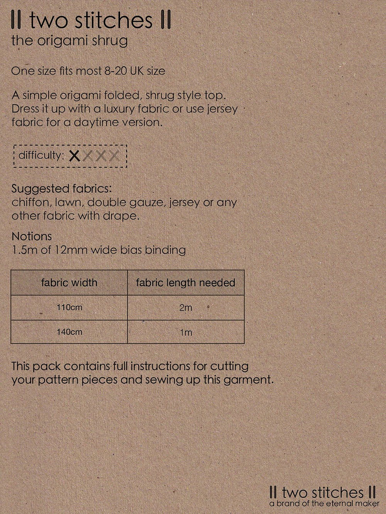 Origami Shrug - Two Stitches Patterns - Paper or Digital Version - The Eternal Maker - UK Fabric Shop