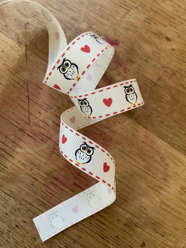 Owl and Heart Ribbon - 16mm - The Eternal Maker - UK Fabric Shop