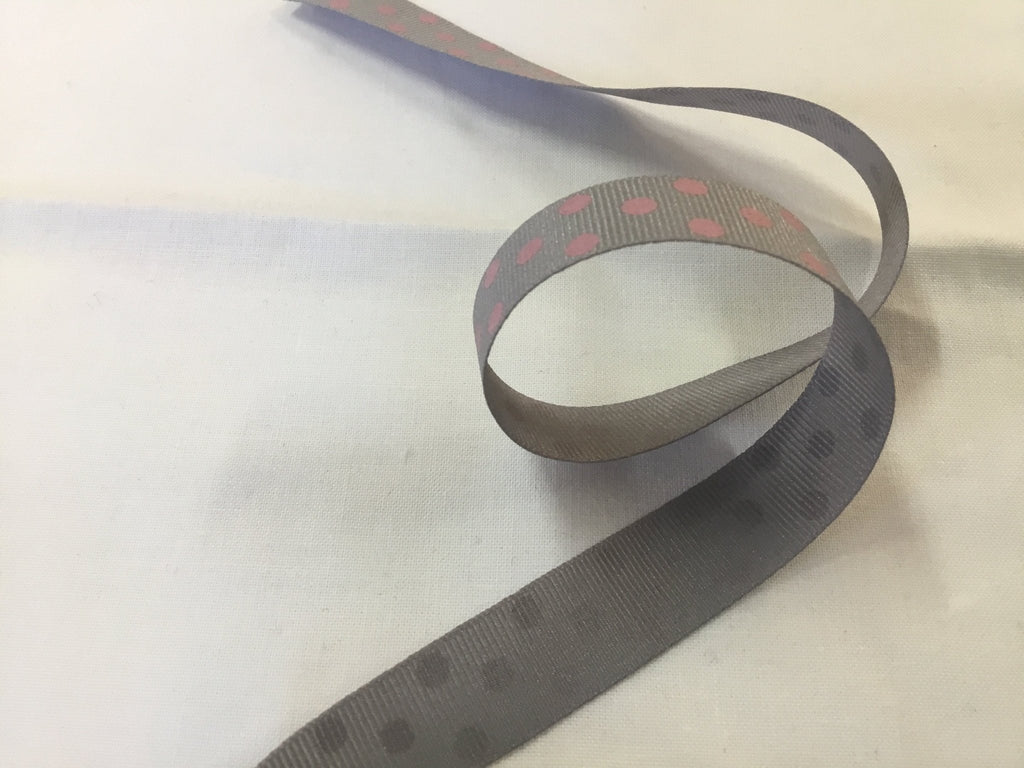 Petersham Spot - 15mm - Grey with Pink - The Eternal Maker - UK Fabric Shop