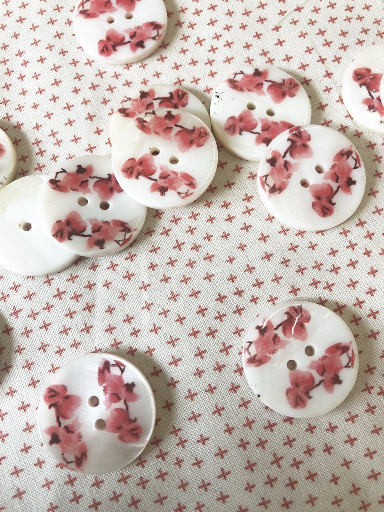 Pink Blossoms Printed River Pearl Button - 26mm - The Eternal Maker - UK Fabric Shop
