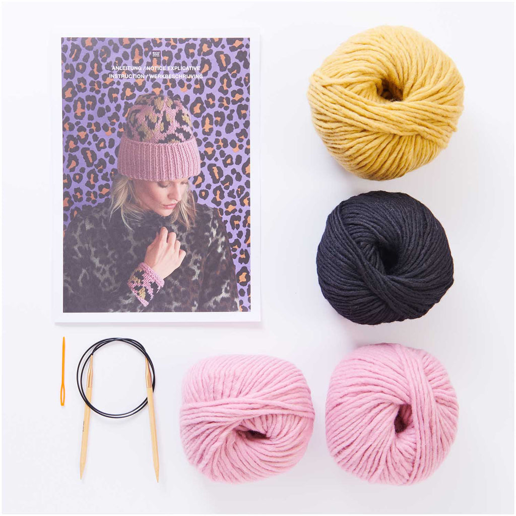 Rico Kits Pink Leopard Print Hat and Wrist Warmer Knitting Kit - Rico Design