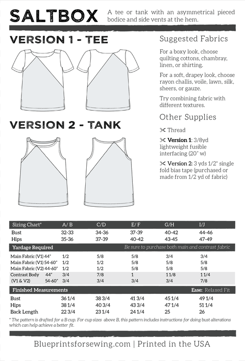 Saltbox Tee or Tank - Blueprints for Sewing - Digital PDF Pattern - The Eternal Maker - UK Fabric Shop