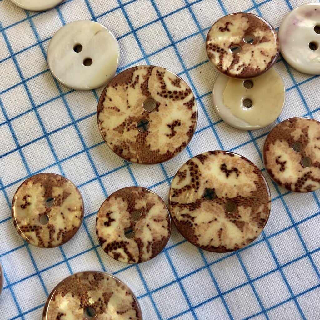 Sepia Lace Print River Pearl Button - The Eternal Maker - UK Fabric Shop
