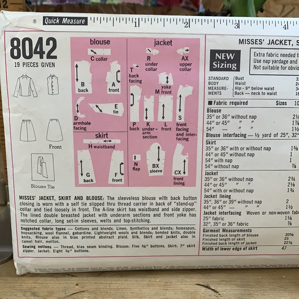 Simplicity - 8042 Misses Jacket, Skirt and Blouse - Vintage Sewing Pattern (Size 14 Bust 36) - The Eternal Maker - UK Fabric Shop
