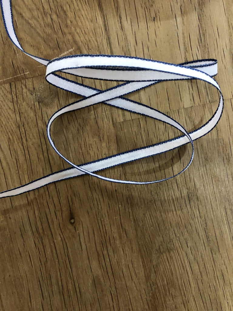 Skinny Two Tone Ribbon 5mm Colour: White/ Navy / Size: 5mm - The Eternal Maker - UK Fabric Shop