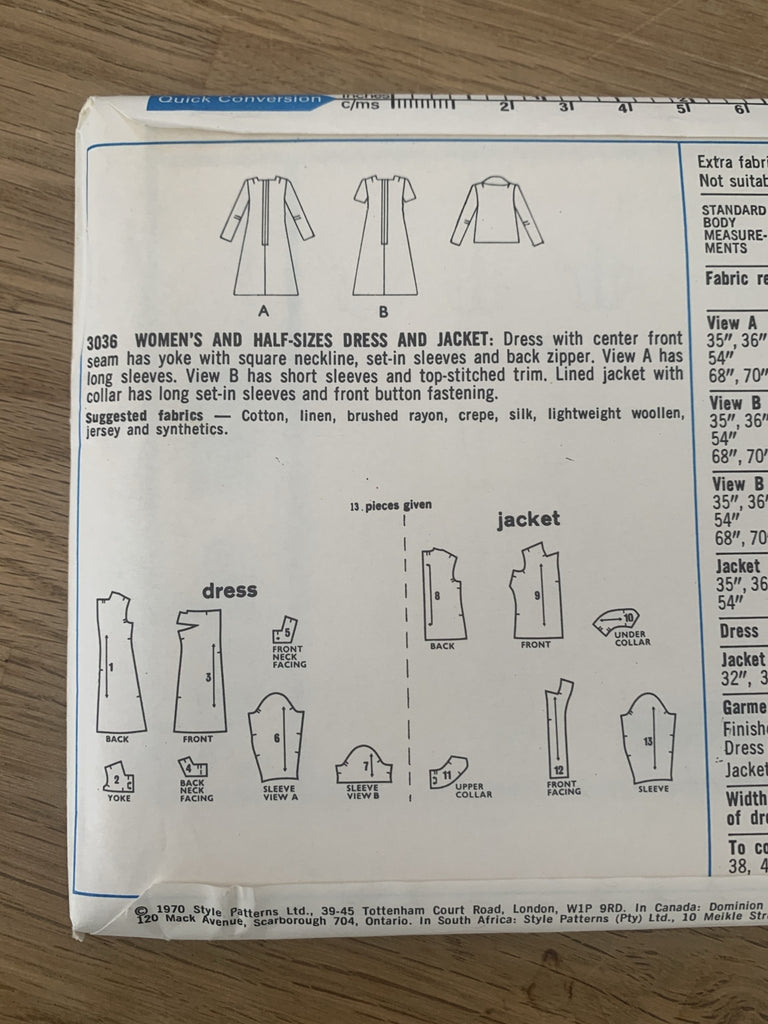 Style - 3036 Dress and Jacket - Vintage Sewing Pattern (Half Size 12 1/2 Bust 36) - The Eternal Maker - UK Fabric Shop