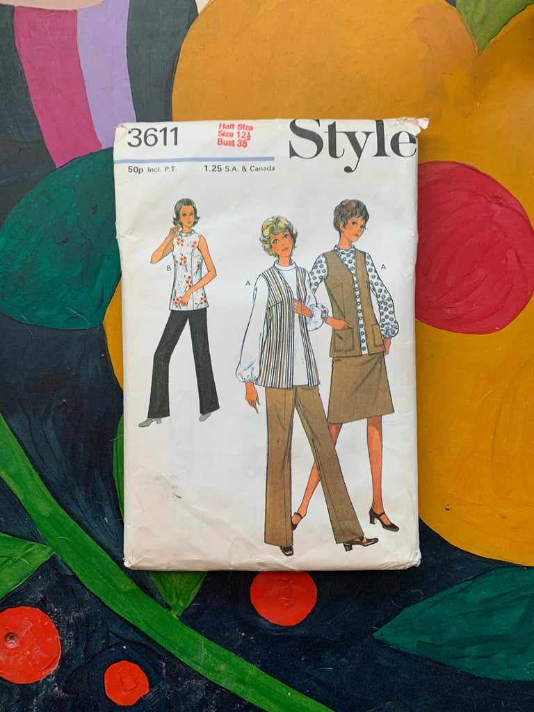 Style Vintage Dress Patterns Style - 3611 Over-Blouse, Sleeveless Cardigan, Skirt & Trousers in 1/2 Sizes  - Vintage Sewing Pattern (Size 12 1/2 - Bust 35"))