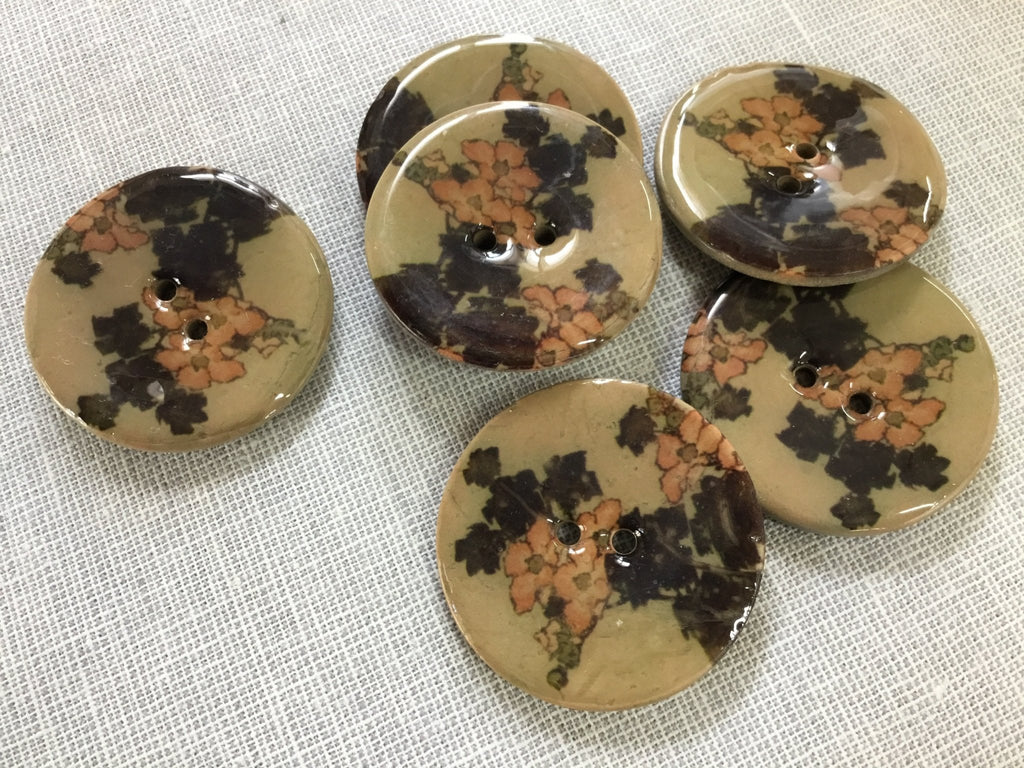 Taupe and Pink Floral Lacquered Coconut Button - 40mm - The Eternal Maker - UK Fabric Shop