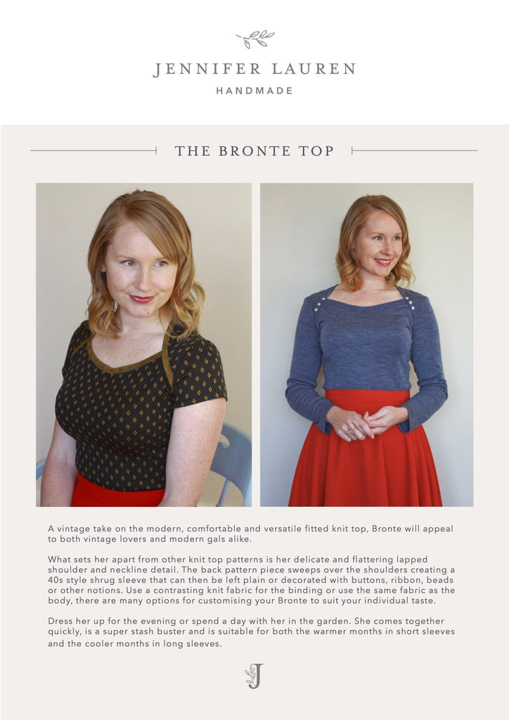 The Bronte Top - Jennifer Lauren Handmade - Digital PDF Download Pattern - The Eternal Maker - UK Fabric Shop