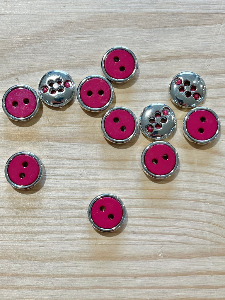 The Button Company Buttons Silver Edged Cerise Pink 2 Hole Buttons - 12mm