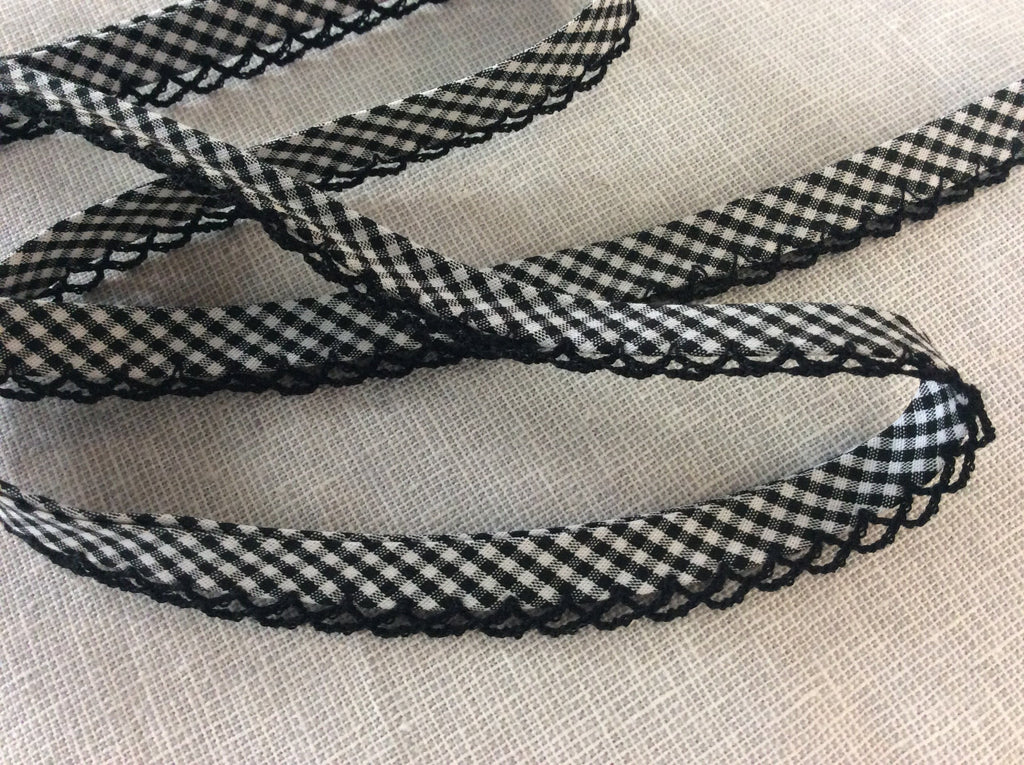 The Eternal Maker Ribbon and Trims Lace Edged Gingham Bias Binding 20mm - Black and White