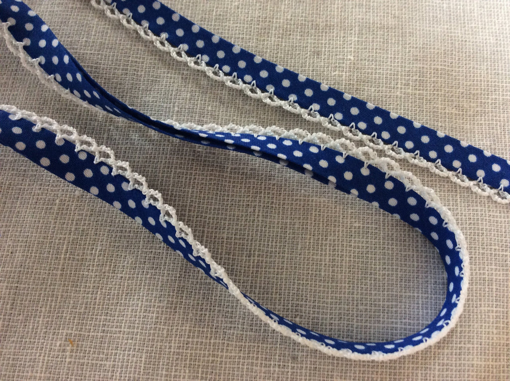 The Eternal Maker Ribbon and Trims Lace Edged Spotty Bias Binding 20mm - White on Blue