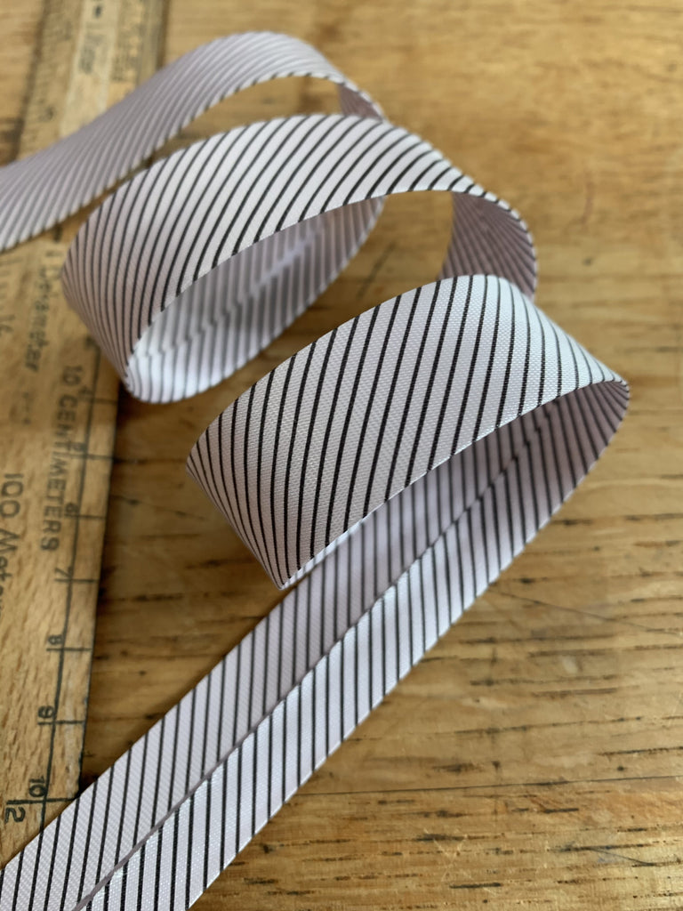 The Eternal Maker Ribbon and Trims Stripy Satin Bias Binding - 20mm - Charcoal on Palest Pink