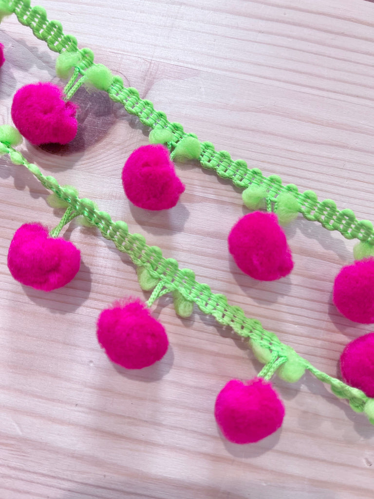 The Eternal Maker Ribbon and Trims Two Tone Pom Pom Trim -  30mm - Hot Pink and Green