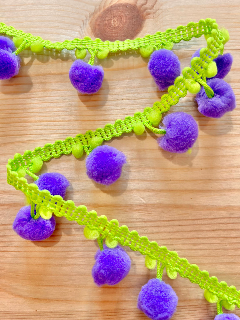The Eternal Maker Ribbon and Trims Two Tone Pom Pom Trim -  30mm - Purple and Green