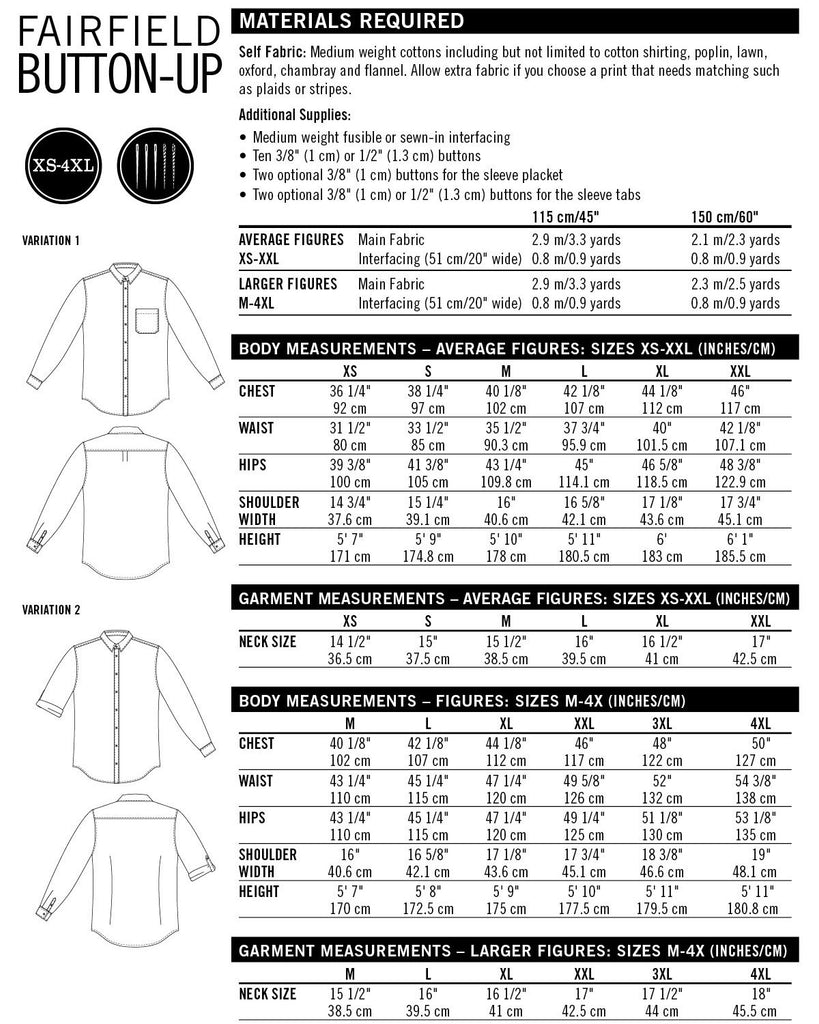 Thread Theory Dress Patterns Fairfield Button Up Shirt - Thread Theory Patterns - Digital Sewing Pattern
