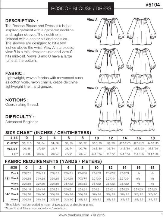 True Bias Dress Patterns Roscoe Blouse & Dress by True Bias Patterns