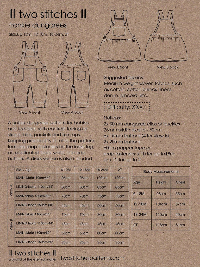 Two Stitches Patterns Dress Patterns Frankie Dungarees - Two Stitches Patterns - Paper or Digital Options