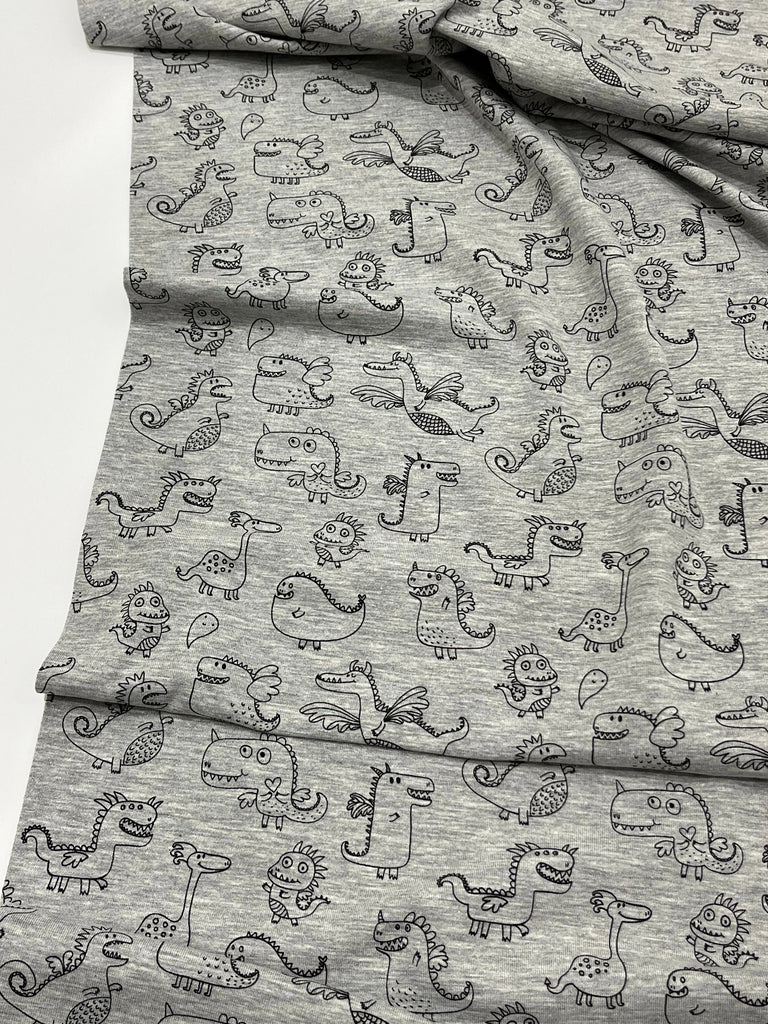 Unbranded Fabric Cute Dragons on Grey - Jersey