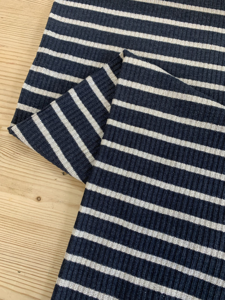 Unbranded Fabric Silver Lurex Stripe Navy Stripe Ribbed Jersey