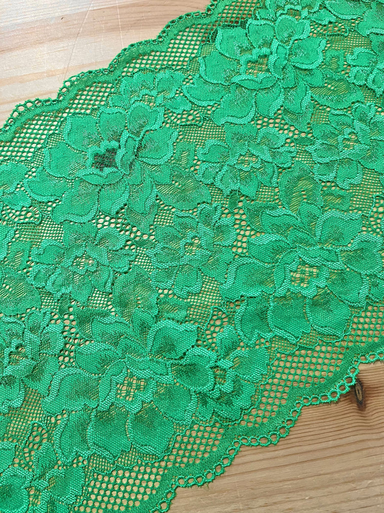 Unbranded Ribbon and Trims Floral Stretch Lace Trim - 23cm - Green - by the HALF metre.