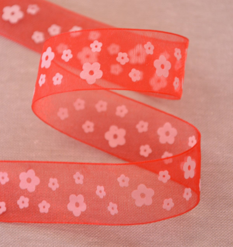 Unbranded Ribbon and Trims Organza Flower Ribbon - 25mm - Red