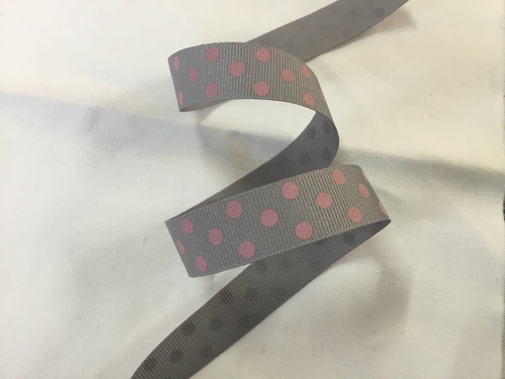Unbranded Ribbon and Trims Petersham Spot - 15mm - Grey with Pink
