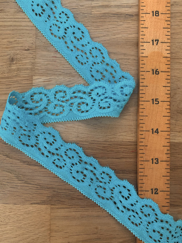 Unbranded Ribbon and Trims Scroll Stretch Lace Trim - Turquoise - 34mm