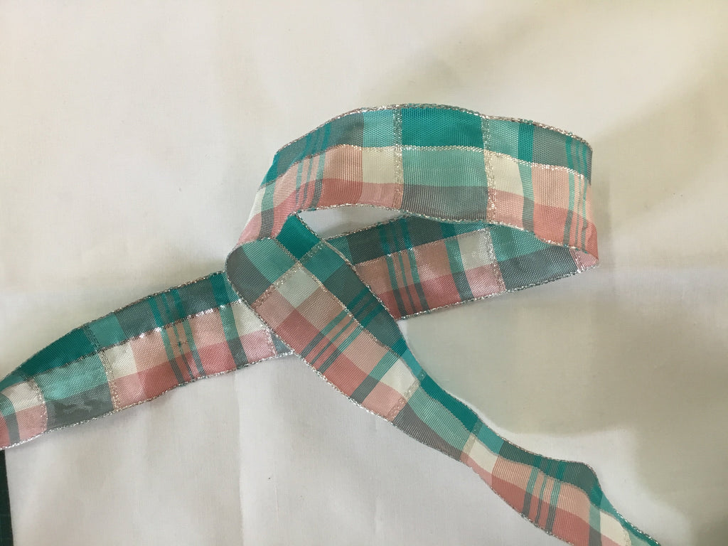 Unbranded Ribbon and Trims Silver Stripe Tartan Ribbon - Pink-Teal - 40mm