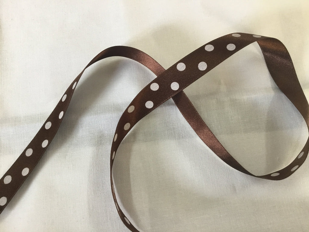 Unbranded Ribbon and Trims White on Brown Spotty Satin Ribbon - 15mm